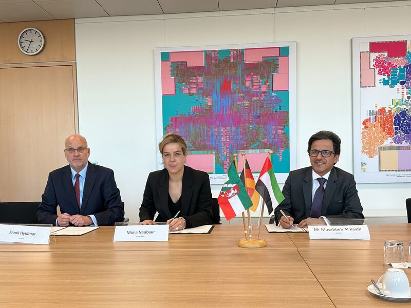 The agreement was signed in Dusseldorf, Germany, by Frank Hyldmar, chief executive of Currenta, Mona Neubaur, Deputy Prime Minister of North Rhine-Westphalia and state minister for economics, industry, climate protection and energy, and Musabbeh Al Kaabi, executive director of low carbon solutions and international growth directorate at Adnoc (from left). Photo: Adnoc