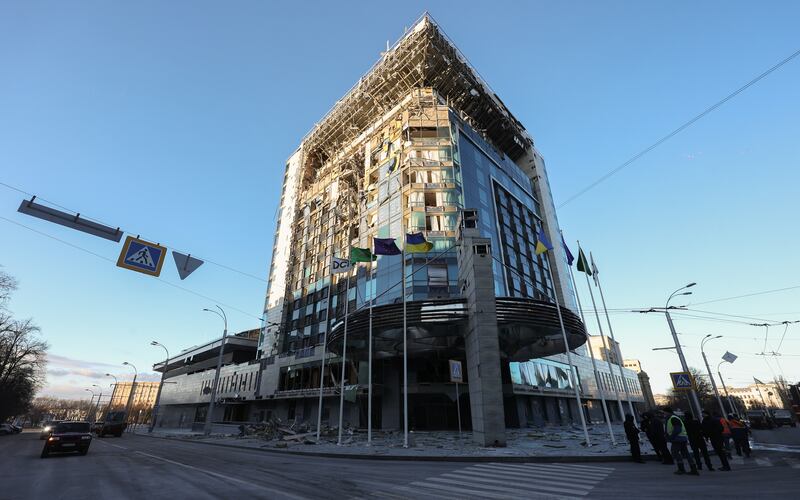 The damaged Kharkiv Palace Hotel in downtown Kharkiv after Russian air strikes. EPA