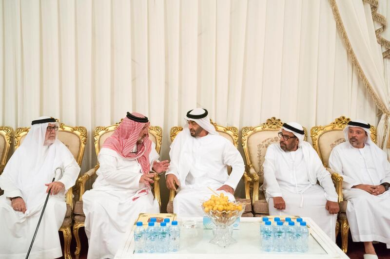 ABU DHABI, UNITED ARAB EMIRATES - September 25, 2019: HH Sheikh Mohamed bin Zayed Al Nahyan, Crown Prince of Abu Dhabi and Deputy Supreme Commander of the UAE Armed Forces (3rd R), offers condolences to the family of HE Abdullah Al Sayyed Al Hashemi. 

( Hamad Al Kaabi  / Ministry of Presidential Affairs )
---