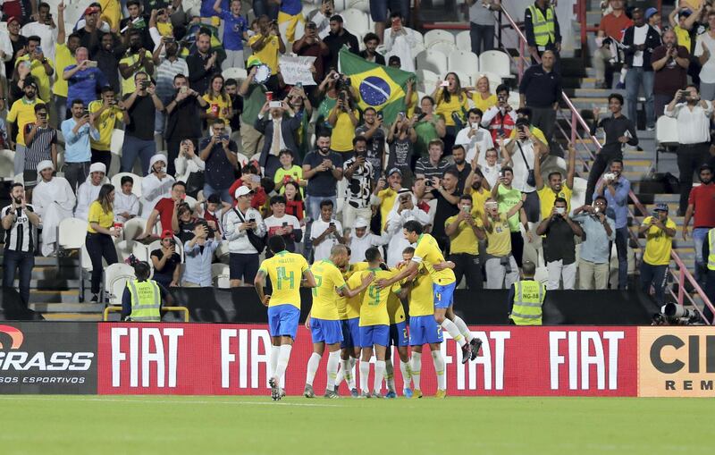 Abu Dhabi, United Arab Emirates - November 19, 2019: Brazil's Danilo scores during the game between Brazil and South Korea. Tuesday, November 19th, 2017 at Mohammed Bin Zayed Stadium, Abu Dhabi. Chris Whiteoak / The National