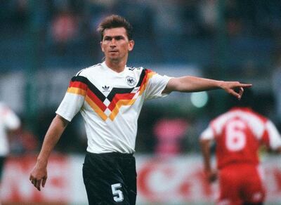 MILAN, ITALY - JUNE 15: Klaus Augenthaler of Germany gestures during the World Cup group D match between United Arab Emirates and Germany at the Guiseppe Meazza Stadium on June 15, 1990 in Milan, Italy. (Photo by Bongarts/Getty Images)