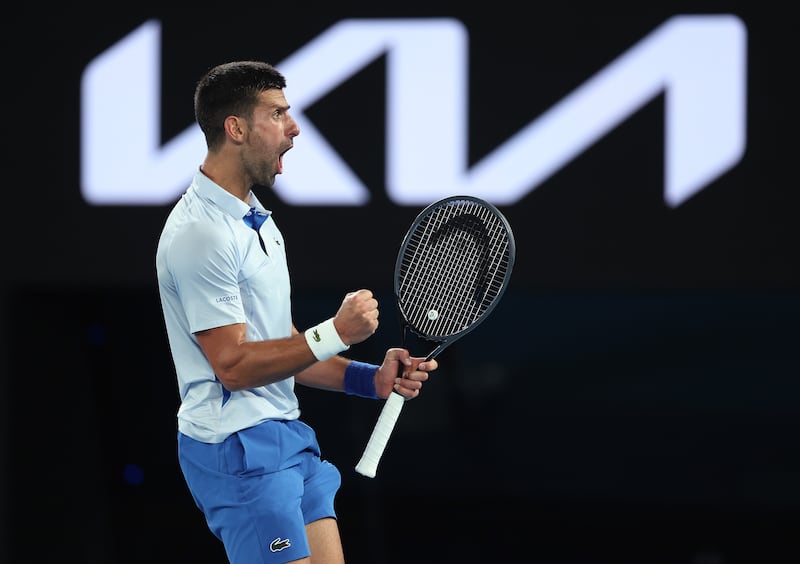 Novak Djokovic celebrates winning a point against Adrian Mannarino. Getty Images