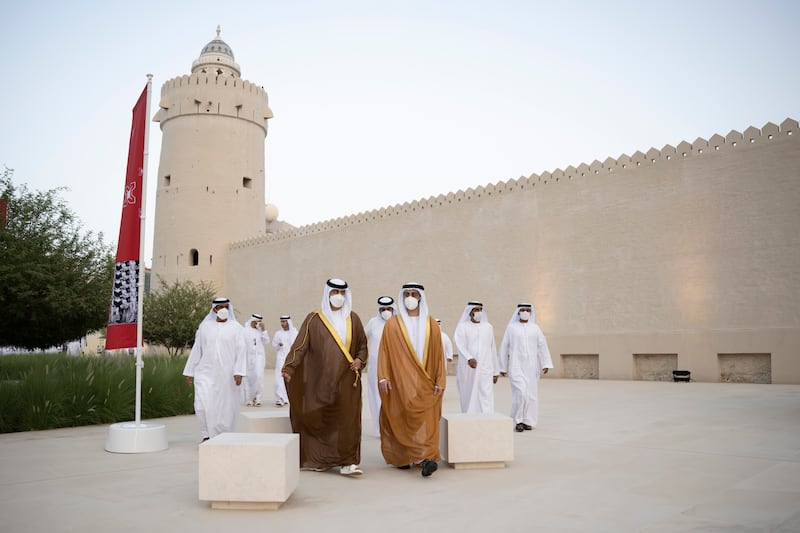 Sheikh Zayed bin Mansour bin Zayed (R) and Sheikh Hazza bin Hamdan bin Zayed (L) arrive at their group wedding at Qasr Al Hosn. 