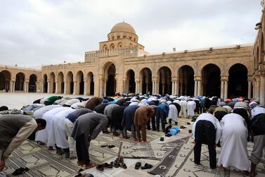 Worshippers pray at Great Uqba Mosque in Kairouan, Tunisia, which draws the faithful from across the Middle East and North Africa during Ramadan. AFP