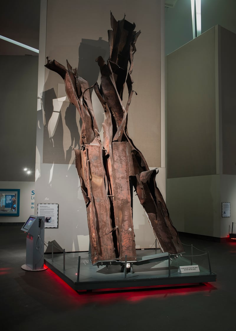 Twisted and rusted steelwork from the collapsed World Trade Centre in New York, on display at the Imperial War Museum. Photo: Imperial War Museums