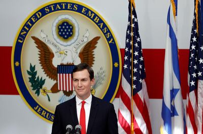 epa06736319 White House senior advisor Jared Kushner speaks during the opening ceremony at the US consulate that will act as the new US embassy in the Jewish neighborhood of Arnona, in Jerusalem, Israel, 14 May 2018. The US Embassy in Jerusalem is inaugurated on 14 May following its controversial move from Tel Aviv to the existing US consulate building in Jerusalem. US President Trump in December 2017 recognized Jerusalem as Israel's capital. The decision, condemned by Palestinians who claim East Jerusalem as the capital of a future state, prompted worldwide protests and was met with widespread international criticism.  EPA/ABIR SULTAN