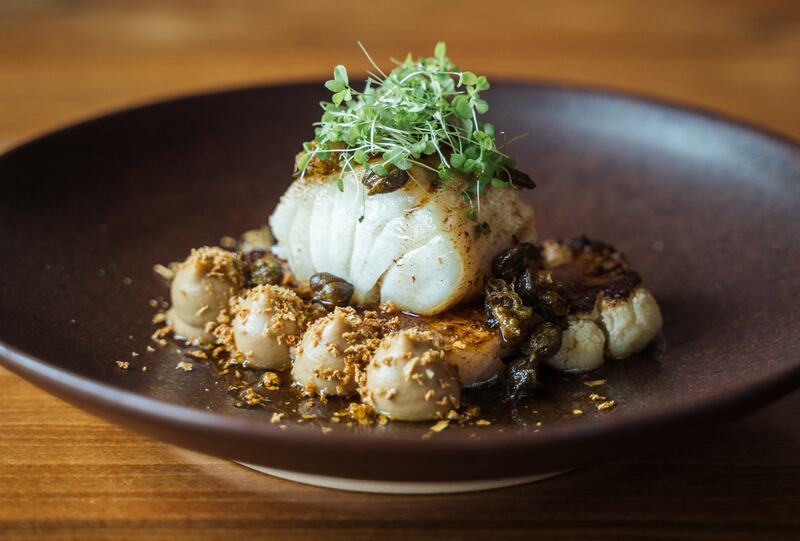 Cod with brown butter, cauliflower, capers and marjoram.