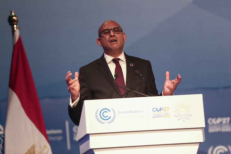 Simon Stiell, the executive secretary of the UN's Framework Convention on Climate Change speaks at the climate summit in Sharm El Sheikh. EPA