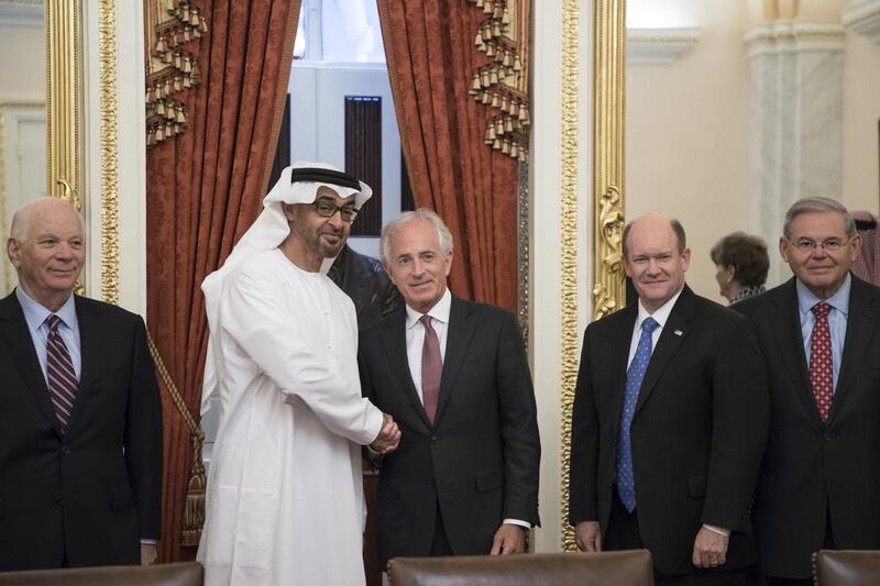 Sheikh Mohammed bin Zayed, Crown Prince of Abu Dhabi and Deputy Supreme Commander of the  Armed Forces (2nd L), stands for a photograph with Bob Corker Chairman of the United States Senate Committee on Foreign Relations and Senator for Tennessee (3rd L), prior to a lunch meeting at Capitol Hill. Seen with Ben Cardin US Senator for Maryland (L), Chris Coons US Senator for Delaware (4th L), and Bob Menendez US Senator for New Jersey (5th L). Nick Khazal for the   Embassy in Washington )