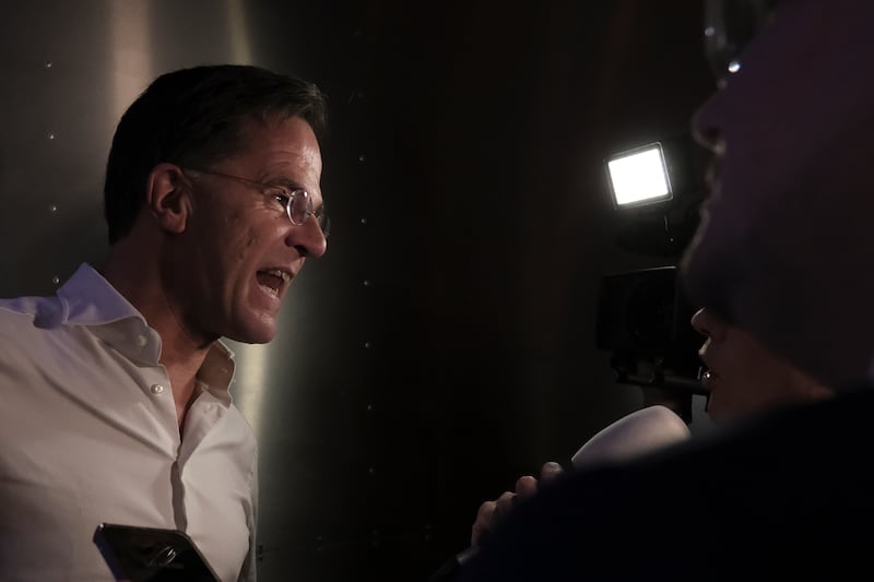 Prime Minister of Netherlands Mark Rutte addresses the media in The Hague. His People's Party for Freedom and Democracy, or VVD, was in third place at 23 seats, according to the exit poll. AP