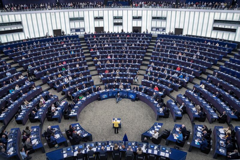 European Commission President Ursula von der Leyen, centre, delivers a speech during a debate on The State of the European Union at the European Parliament in Strasbourg, France. EPA