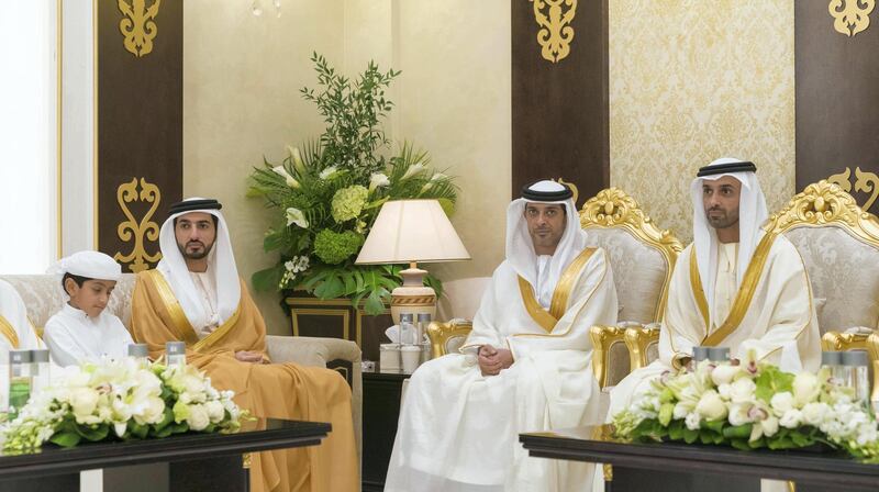 AJMAN, 15th June, 2018 (WAM) -- H.H. Sheikh Humaid bin Rashid Al Nuaimi, Supreme Council Member and Ruler of Ajman, this morning received Eid al-Fitr well-wishers at Al Zaher Palace, in the presence of H.H. Sheikh Ammar bin Humaid Al Nuaimi, Crown Prince of Ajman.

The visitors wished them well and for further progress and pride to the UAE and its people under the wise leadership of President His Highness Sheikh Khalifa bin Zayed Al Nahyan.

Sheikh Humaid bin Rashid and Sheikh Ammar bin Humaid also received Eid al-Fitr greetings from a number of Sheikhs, key officials in the government and private departments, top military and police officials, dignitaries, citizens and residents.

The reception was attended by Sheikh Ahmed bin Humaid Al Nuaimi, Ajman Ruler's Representative for Administrative and Financial Affairs, Sheikh Abdul Aziz bin Humaid Al Nuaimi, Chairman of Ajman Tourism Development Department, Sheikh Rashid bin Humaid Al Nuaimi, Chairman of the Ajman Municipality and Planning Department, Sheikh Dr. Majid bin Saeed Al Nuaimi, Chairman of the Ajman's Ruler Court, and a number of sheikhs and senior officials.