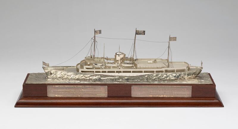 A silver model of HMY Britannia produced by Garrard & Co and presented to The Queen and Prince Philip by Lloyd’s Register of Shipping in 1972. Courtesy Royal Collection Trust