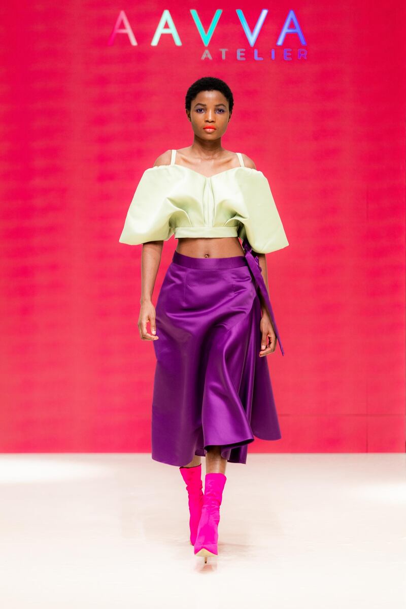 DAY TWO HIGHLIGHTS: Using only fabric left over from previous seasons Aavva created a sustainable collection for Arab Fashion Week. Courtesy AFW
