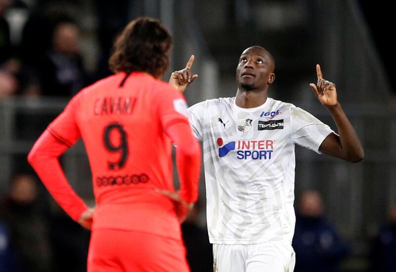 Amiens' Serhou Guirassy celebrates levelling the scores at 4-4. Reuters