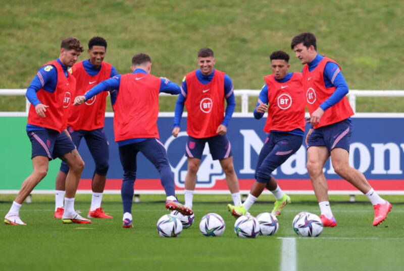 Left to right facing camera: John Stones, Jude Bellingham, Mason Mount, Jadon Sancho and Harry Maguire. Getty