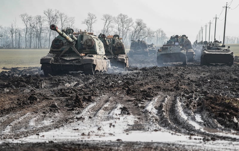 A group of 2S19 Msta vehicles stand on the road in the Rostov region of Russia. EPA