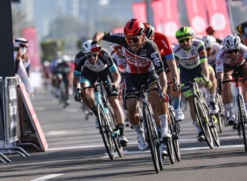 Lotto-Soudal’s Australian rider Caleb Ewan won the seventh stage of the UAE Tour. AFP