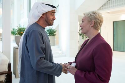 President Sheikh Mohamed receives Cindy McCain, executive director of the World Food Programme, at Al Shati Palace. Mohamed Al Hammadi / UAE Presidential Court