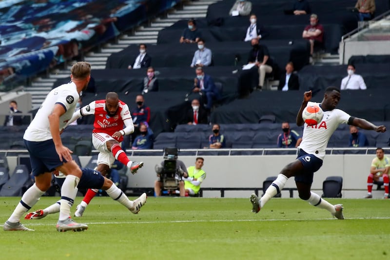 Arsenal's Alexandre Lacazette blasts home the opening goal. AP