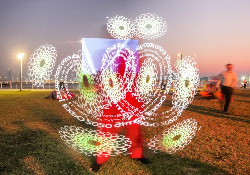 Abu Dhabi, United Arab Emirates- A performer entertaining visitors at the Expo 2020 countdown at The Louvre, Saadiyat.  Leslie Pableo for The National