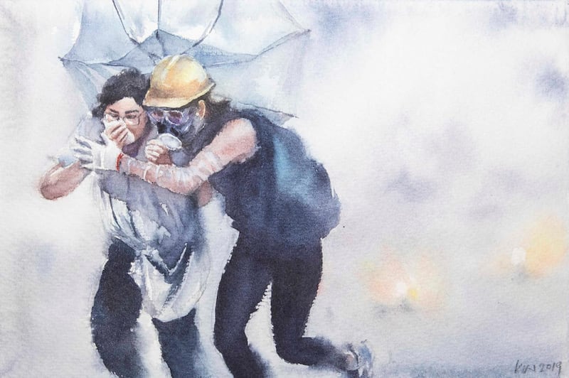 HONG KONG: ART FEATURE:
Pictured: A watercolour by artist Kin Fung. Kin paints watercolours of famous moments of the demonstrations and plans to have an exhibition when the movement is finally over.
