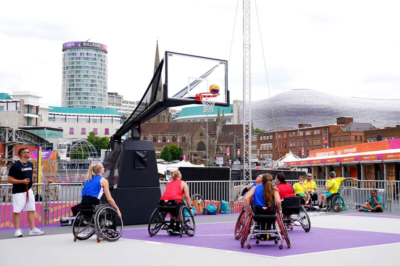 The Canadian team train during a 3x3 wheelchair basketball practice session at the Smithfield site. AP