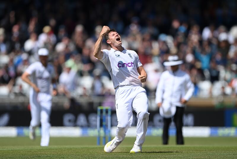 England bowler Matthew Potts celebrates as Tom Blundell is given out LBW. The decision was overturned after a review. Getty 