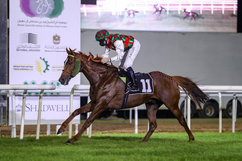  Richard Mullen on Somoud won the Sheikh Zayed bin Sultan Al Nahyan Prep at Abu Dhabi on Sunday. Courtesy Abu Dhabi Equestrian Club