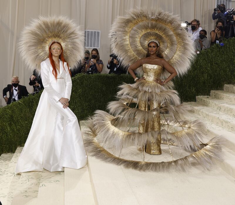 Harris Reed and Iman, both in Harris Reed, attend the 2021 Met Gala. EPA