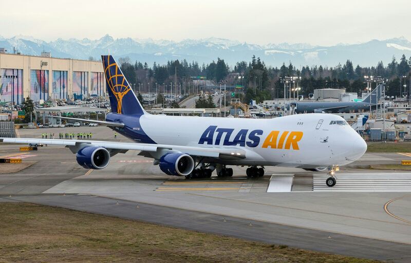 The final 747 airplane produced by Boeing, a 747-8 Freighter for Atlas Air, taxis before take off from Paine Field in Everett, Washington on February 1.  AFP