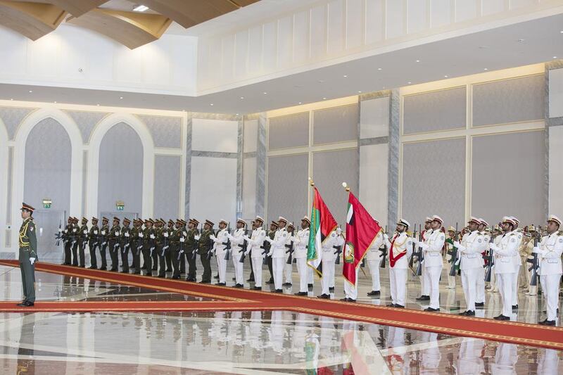UAE Honor Guard stand at attention during a reception held for Ilham Aliyev President of Azerbaijan at the Presidential Airport.  Mohamed Al Hammadi / Crown Prince Court - Abu Dhabi
