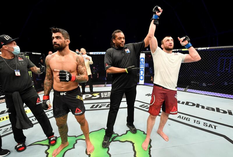 ABU DHABI, UNITED ARAB EMIRATES - JULY 12: Muslim Salikhov of Russia reacts after his decision victory over Elizeu Zaleski dos Santos of Brazil in their welterweight fight during the UFC 251 event at Flash Forum on UFC Fight Island on July 12, 2020 on Yas Island, Abu Dhabi, United Arab Emirates. (Photo by Jeff Bottari/Zuffa LLC)