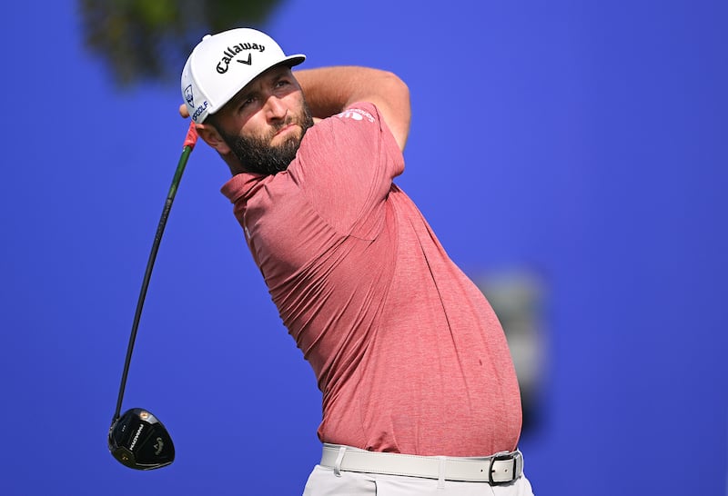 Jon Rahm of Spain tees off on the 14th hole. Getty Images
