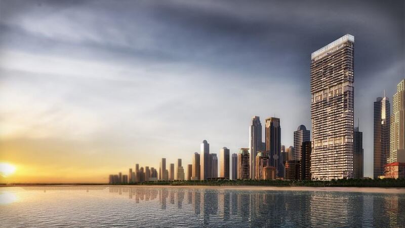 Above, an artist rendering of the 1/JBR project, a 46-storey tower that has a development value exceeding Dh1 billion. Courtesy Dubai Properties