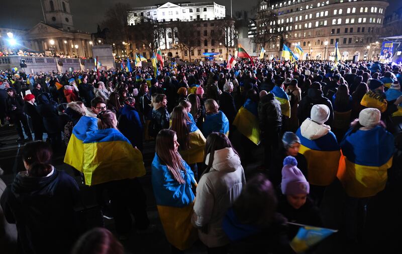 Ukrainians at the London vigil. EPA