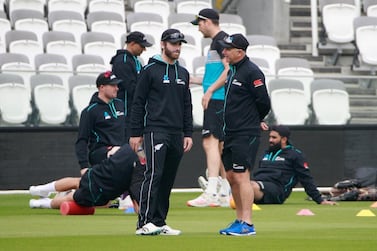 New Zealand captain Kane Williamson, left, talks with coach Gary Stead during a practice session at Lord's Cricket Ground in London, Monday, May 31, 2021.New Zealand will play England in the first of two test here starting June 2. (AP Photo/Ian Walton/Pool)