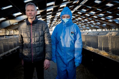 epa08843800 Denmark's Prime Minister Mette Frederiksen, right, and mink breeder Peter Hindbo, left, walks in the empty farm during the Prime Ministers visit on a closed Mink Farm near Kolding, Denmark, 26 November 2020. Prime Minister Mette Frederiksen had tears in her eyes when she met the press after the visit.  EPA/Mads Nissen / POOL  DENMARK OUT