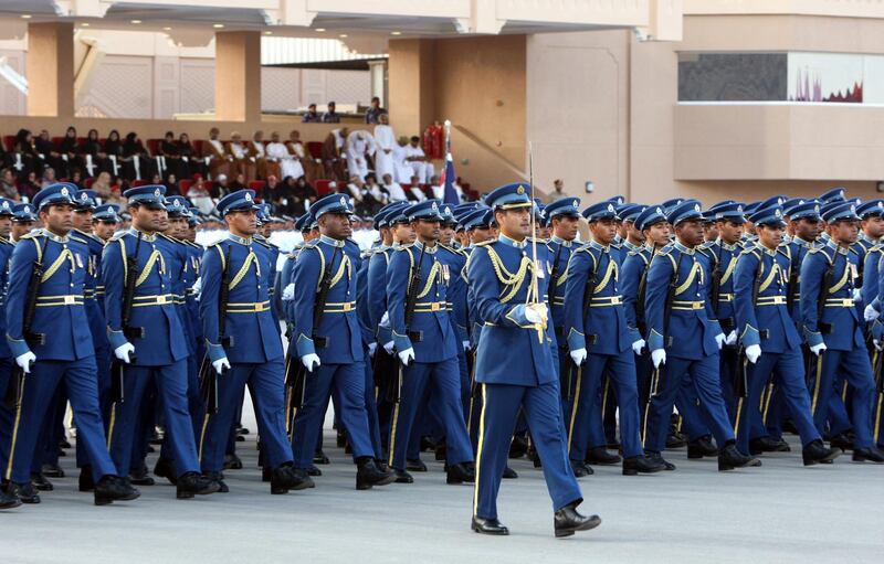 Omani military, in dress uniform, parade past  Sultan Qaboos bin Said in the capital Muscat, as the Sultanate marks its 42th National Day, on November 18, 2012. AFP PHOTO/MOHAMMED MAHJOUB (Photo by MOHAMMED MAHJOUB / AFP)