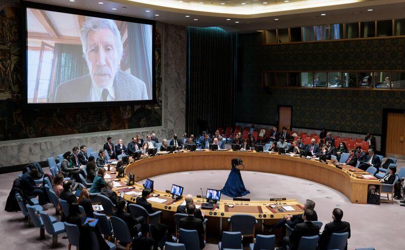 British musician Roger Waters delivers a speech on video to the UN Security Council. EPA