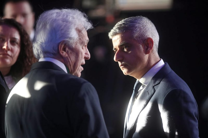 Mayor of London Sadiq Aman Khan (right) in front of the 'Gate of Death' at the former Auschwitz II-Birkenau camp before ceremonies marking the 75th anniversary of the liberation of the former Nazi-German concentration and extermination camp KL Auschwitz-Birkenau, in Oswiecim, Poland.  EPA