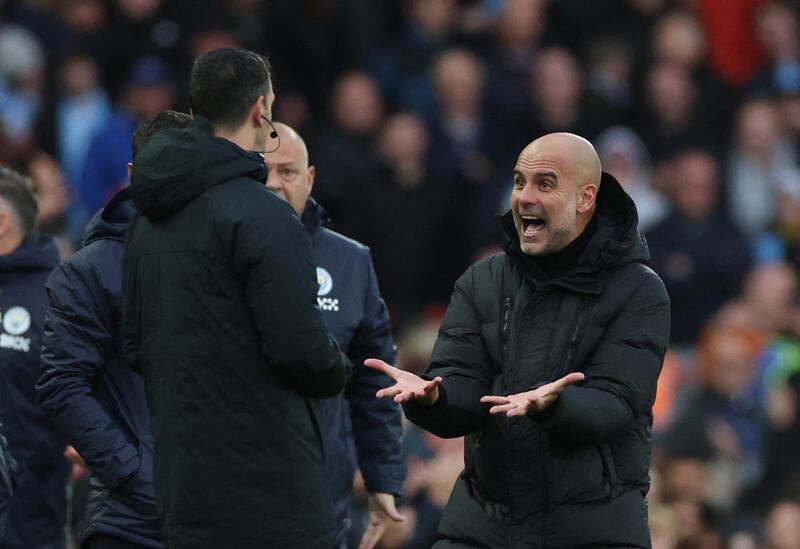 City manager Pep Guardiola argues with the fourth official after Phil Foden's goal was disallowed. Reuters