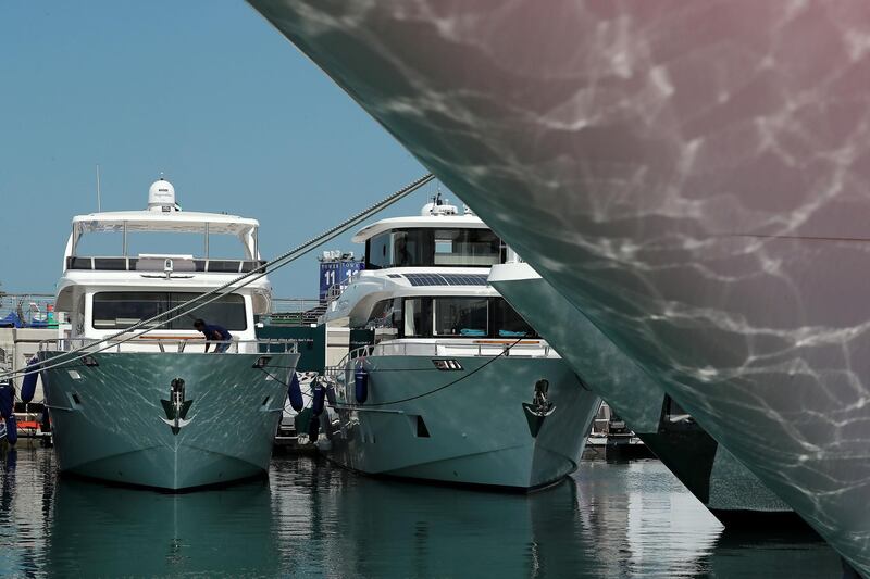 DUBAI , UNITED ARAB EMIRATES , February 26 – 2019 :- Different types of Yachts and boats on display at the Dubai International Boat Show held in Dubai. ( Pawan Singh / The National ) For News/Instagram/Big Picture. Story by Nick Webster 