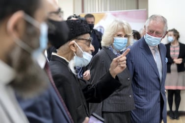 Prince Charles and Camilla visit a pop-up Covid-19 vaccination centre at Finsbury Park Mosque in London. Reuters