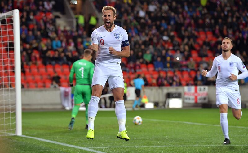 Harry Kane of England celebrates scoring the first goal during the UEFA Euro 2020 qualifier between Czech Republic and England at Sinobo Stadium in Prague, Czech Republic. Getty Images