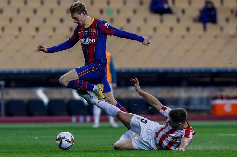 Frenkie De Jong – 6. Smashed in extra time in a clash of heads with Raul Garcia which looked like it could be serious. He’ll feel it today, but quickly returned to the pitch – only to be pulled to the ground by the tenacious Basques who’d already knocked Real Madrid out. Moved back to central defender as Barca. AP