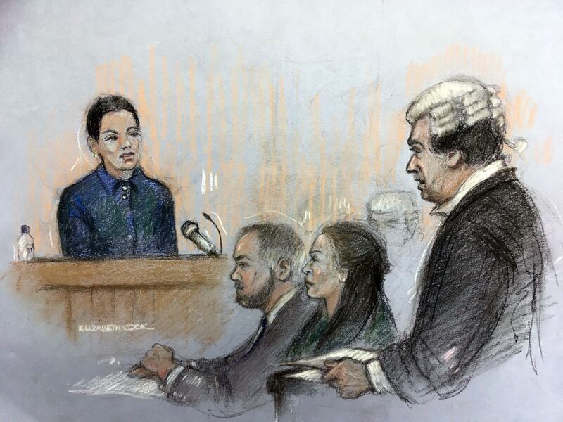 A court artist sketch of Ms Vardy giving evidence in what has become known as the 'Wagatha Christie' trial because of its origins in Ms Rooney's amateur detective efforts. PA