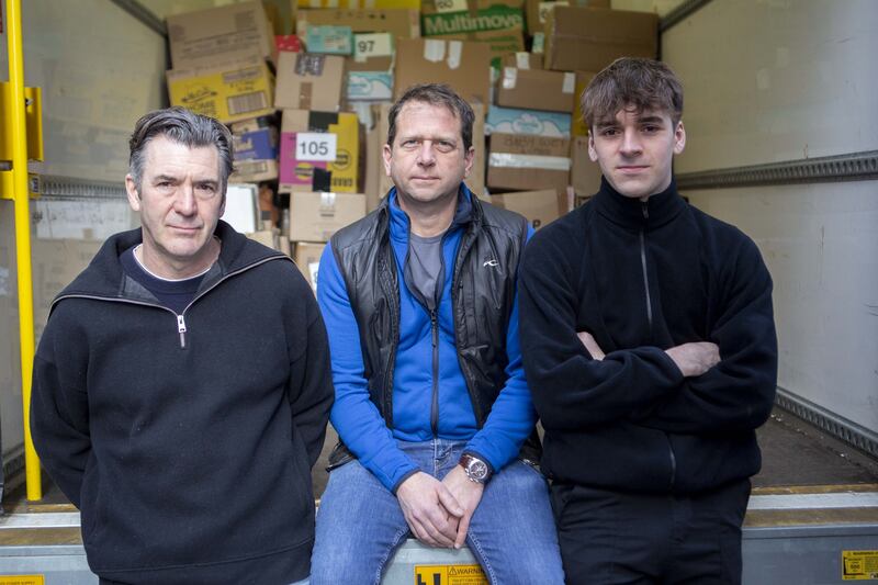 David Lee, David Edwards and Etienne Lee, about to set off for Poland from the Lewisham Polish Centre in south London, in a van loaded with donation for Ukrainian refugees.