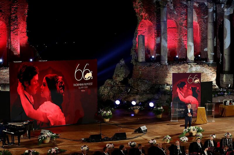 Art director of the festival, Leo Gullotta, speaks on stage. Getty Images