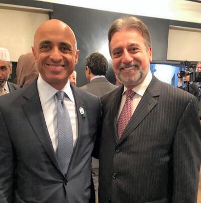 Yousef Al Otaiba, UAE ambassador to the US, with Rabbi Dr Elie Abadie, at a recent event. Courtesy Jewish Council of the Emirates